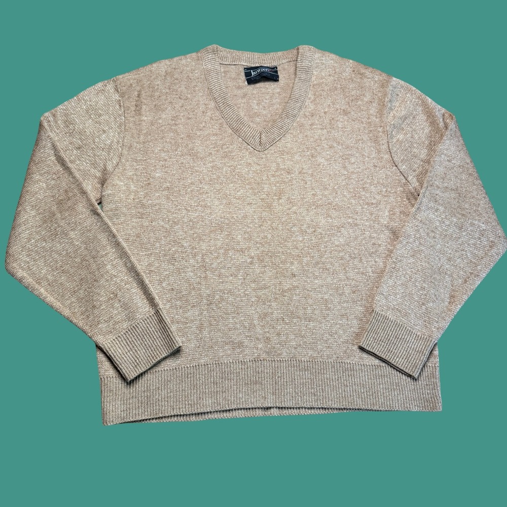 Vintage Jantzen Sweater Large Mens Beige Heather V Neck Knit Grandpa Preppy